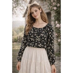 ana Cottagecore Floral Blouse Black Womens Petite L
